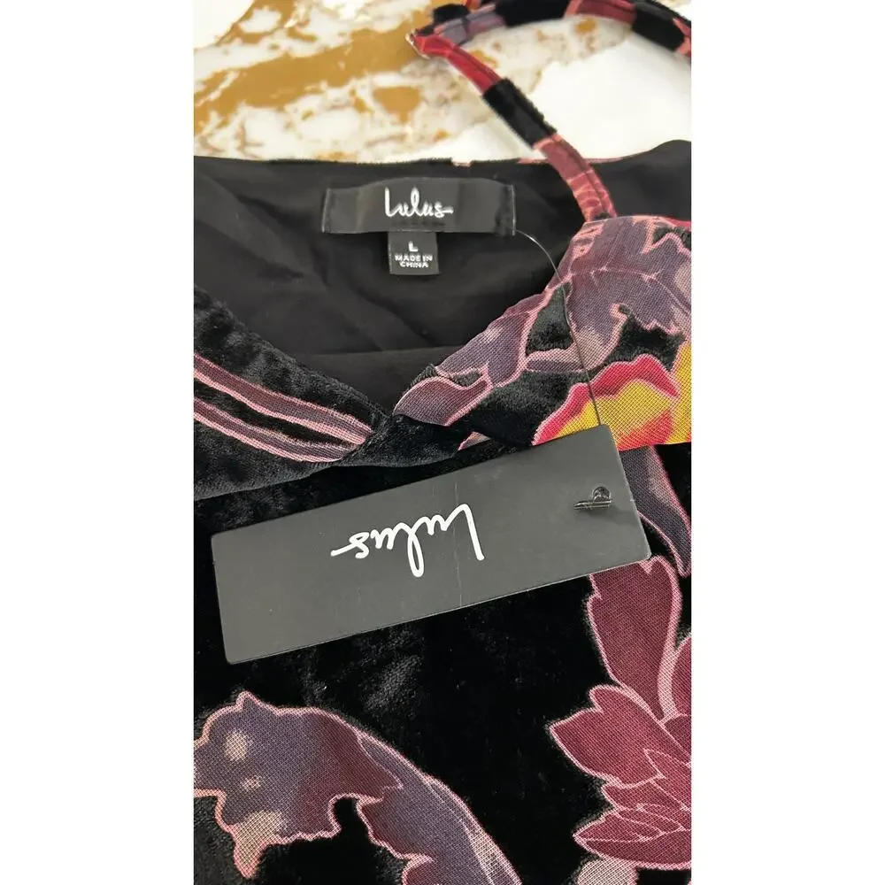 Lulus Velvet Burnout Floral Maxi Dress Womens Large Black Romantic Slip Wedding - Picture 8 of 10